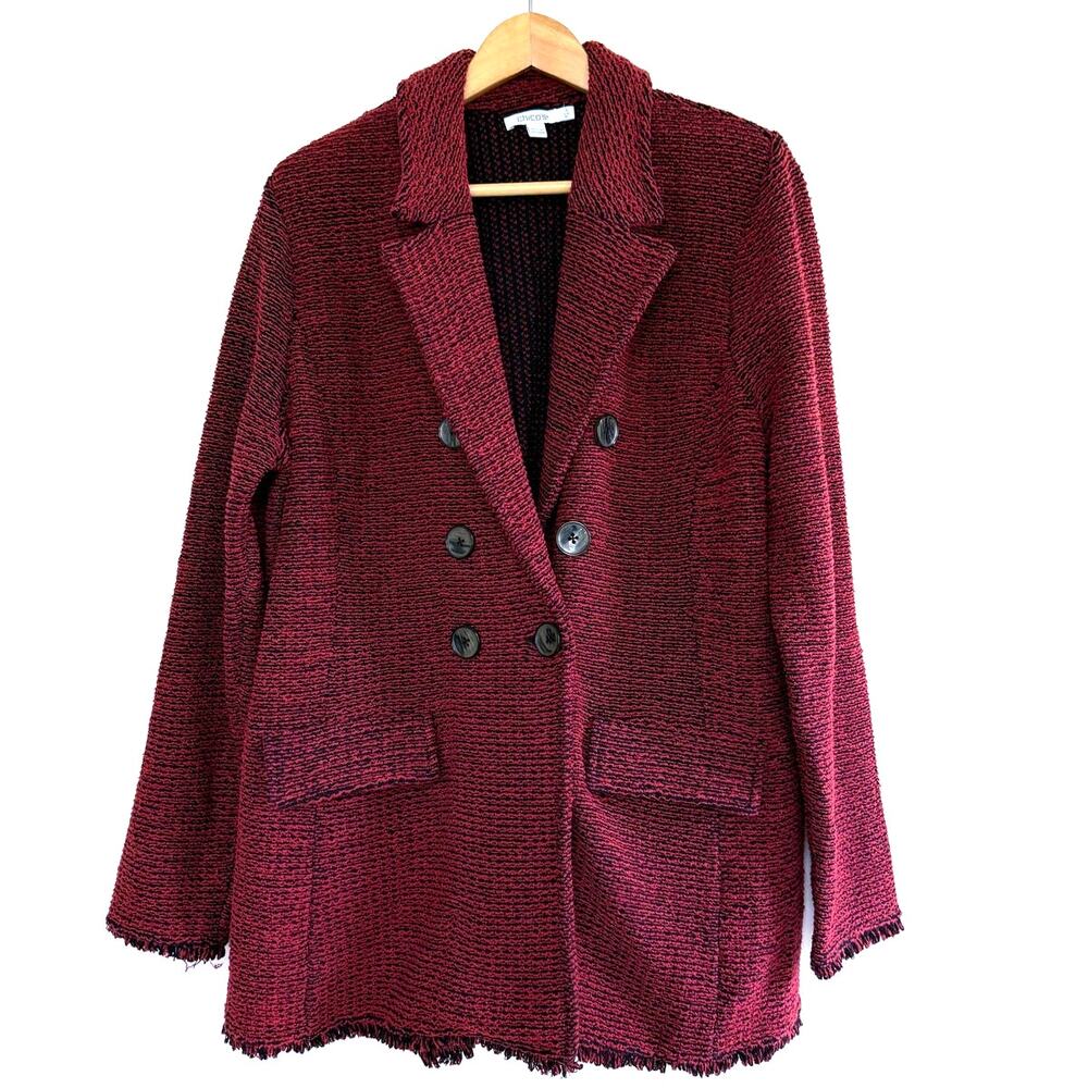 CHICO'S red black preppy cotton double breasted tweed coatigan jacket blazer - Picture 2 of 13